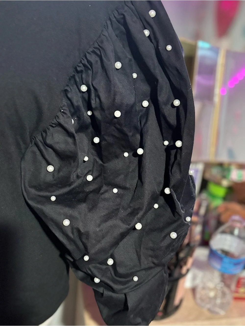 NWOT Zara Black Puff Sleeve Pearl-Studded Top